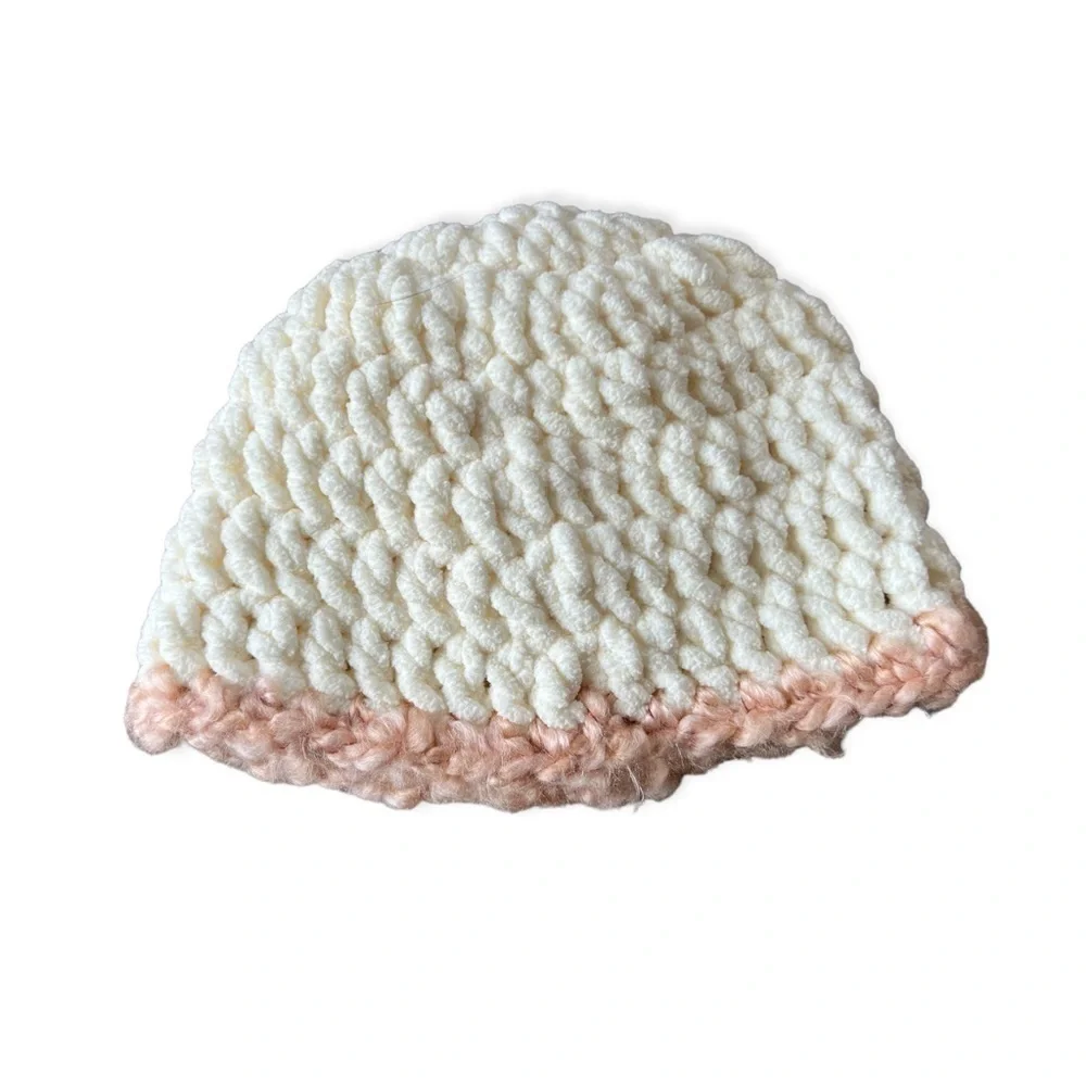Infant Baby Hand Knit Crochet Soft Flower Pink & White Hat, 3-6Mo